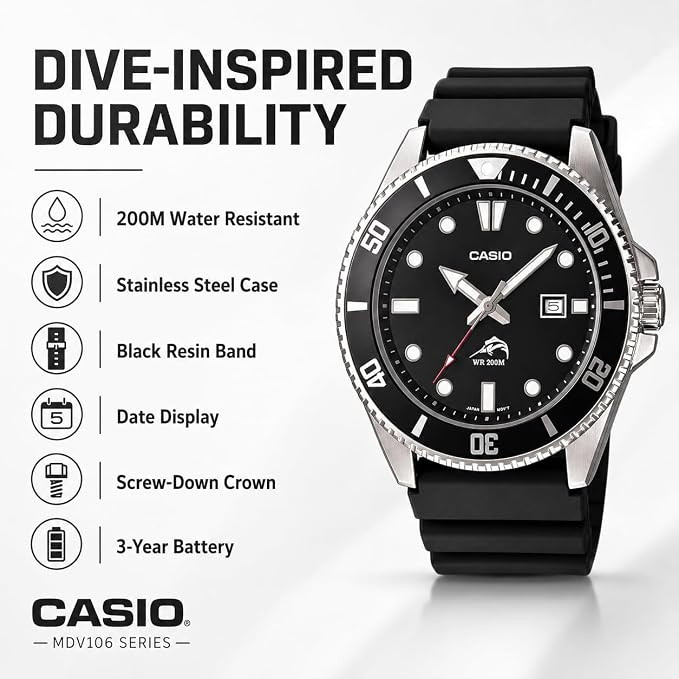 Casio MDV106 Series | Unisex Analog Watch | 200M WR | Stainless Steel Case | Resin Band | 2 Hand Analog (HR, Min, SEC) | Date Display | Screw Down Crown/Screw Down Caseback | 3 Year Battery