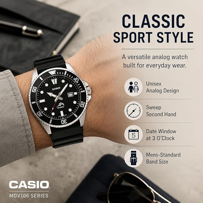 Casio MDV106 Series | Unisex Analog Watch | 200M WR | Stainless Steel Case | Resin Band | 2 Hand Analog (HR, Min, SEC) | Date Display | Screw Down Crown/Screw Down Caseback | 3 Year Battery